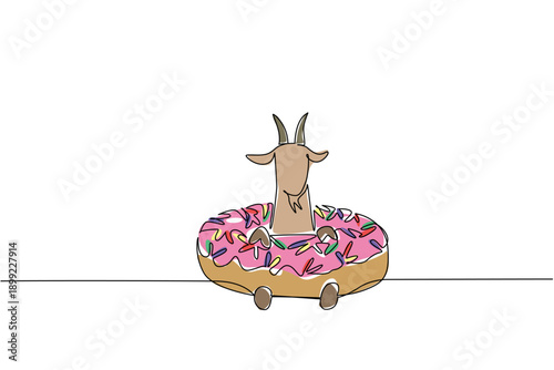 One line drawing of adorable goat features farm animal sitting inside sparkled donut for unhealthy snack concept. Colorful art is ideal for an international food day theme and kids bedroom decoration