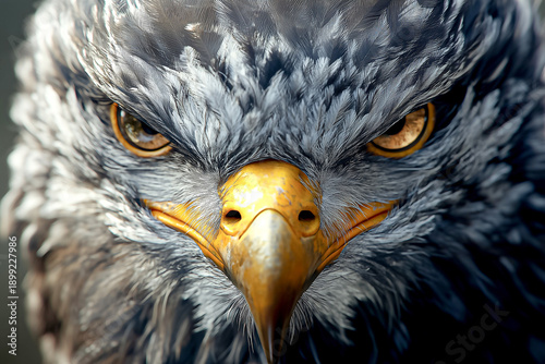 Extreme macro portrait of a majestic eagle face with intense eye contact and hyper-realistic feather details.