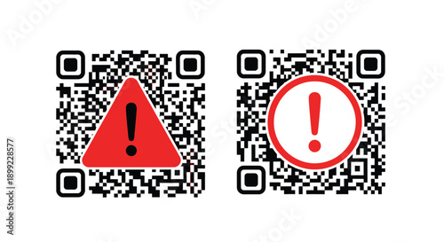 Two distinct black and white qr codes displaying red warning signs and exclamation points