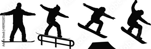 Black silhouette set of professional snowboarder performing various freestyle tricks including rail slides and big air jumps isolated on white background for winter sports design.