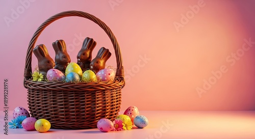 Easter day celebration with colorful eggs and chocolate in a woven basket