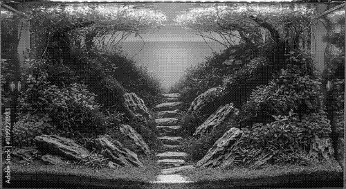 Mysterious staircase surrounded by lush foliage and large rocks in a serene outdoor environment, viewed from a distant perspective.