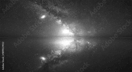 A majestic galaxy reflected in calm waters viewed from a distant perspective