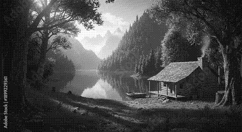 Serene lakeside cabin surrounded by trees and mountains viewed from a distance in a misty landscape