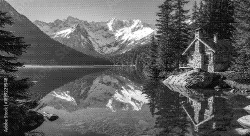 Serene cabin nestled among tall trees beside a calm lake with majestic mountains in the background