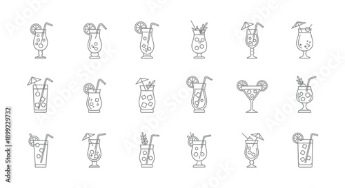 Set of black and white line icons depicting various tropical cocktail drinks variations