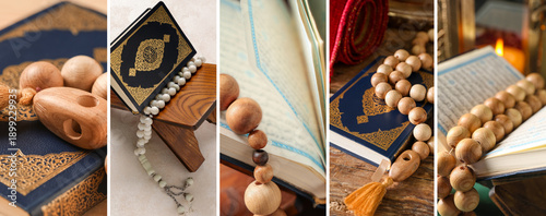 Photos Koran for Ramadan and prayer beads on wooden background, closeup