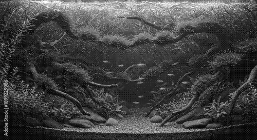 A serene nighttime landscape with trees, lake, and crescent moon viewed from a forest clearing