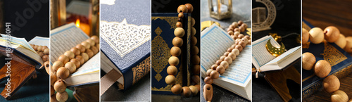 Konstfotografi Koran for Ramadan and prayer beads on wooden background, closeup