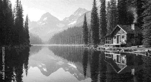 A serene lake house surrounded by tall trees and majestic mountains reflected in the calm water from a distant viewpoint