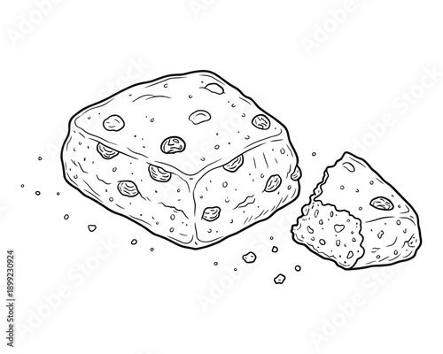 Brownie square and piece line art vector illustration on transparent backdrop for dessert design