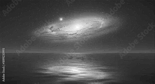 Galaxy reflection on serene water surface at dusk from a distant viewpoint