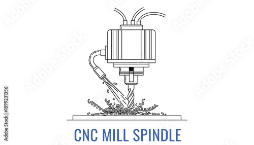 Cnc mill spindle vector outline drawing milling equipment industrial machine tool with coolant system