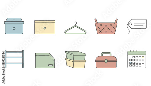 Collection of organization box container for storage and shelf home object line art