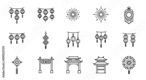 Chinese New Year celebration decorations and gates with lanterns and fireworks illustrations
