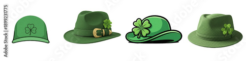 Set of green St. Patrick's Day hats with shamrock clover isolated on white background
