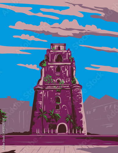WPA poster art of the front entrance of the historic Sinking Bell Tower or Belltower in Laoag City, Ilocos Norte, Philippines done in works project administration or art deco style.