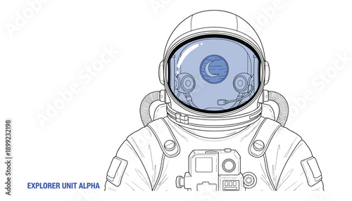 Explorer unit alpha astronaut wearing suit with moon symbol illustration outline vector design