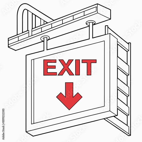 A well-lit exit sign with a red arrow pointing downward, indicating the way out. Vector