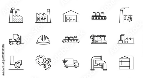 Collection of industrial factory and manufacturing icons.