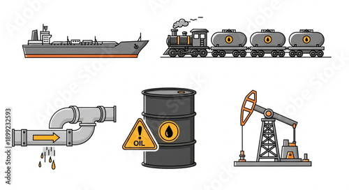 Oil industry transportation and extraction equipment illustration.