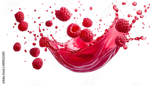 Vibrant image of crimson raspberry juice splash with fruit scattered around on a black background