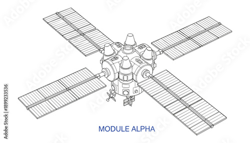 Module alpha space station with solar panels drawn in outline black and white vector graphic