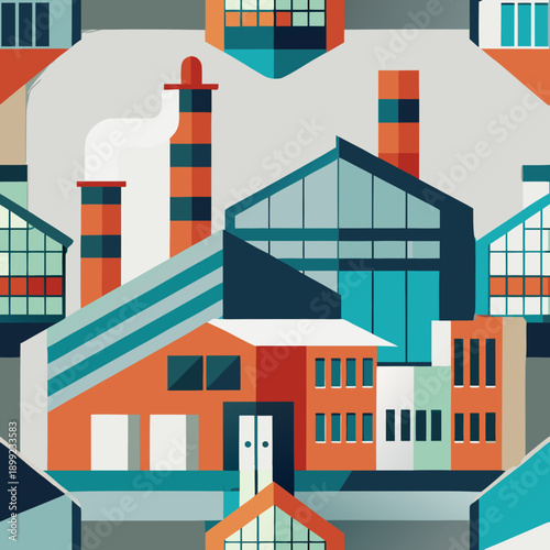 A vibrant and colorful illustration of a bustling industrial cityscape. Vector