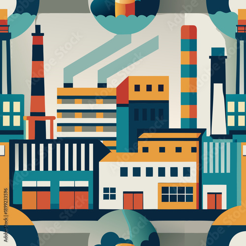 A vibrant and bustling industrial cityscape with various buildings and factories Vector