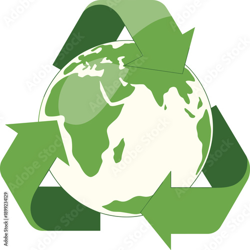 Green Recycle Symbol with Earth Globe Vector Illustration for Environmental Conservation, Sustainability, Ecology, Global Waste Management, and Earth Day Design Concepts
