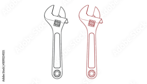 Outline drawing of adjustable wrench tool black and red for repair work on transparent background