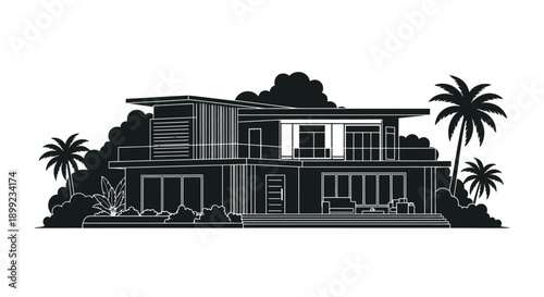 Modern architectural illustration of a luxurious house with tropical landscaping