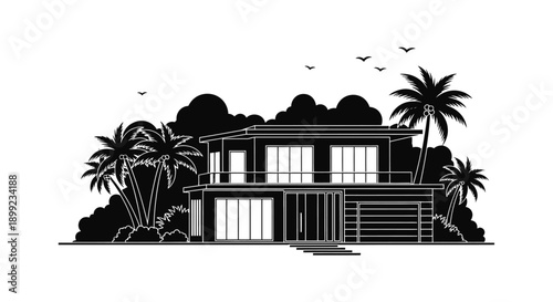 Black and white illustration of a modern house with tropical foliage
