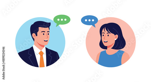 Business colleagues engaging in a professional conversation illustrated with distinct colored speech bubbles.