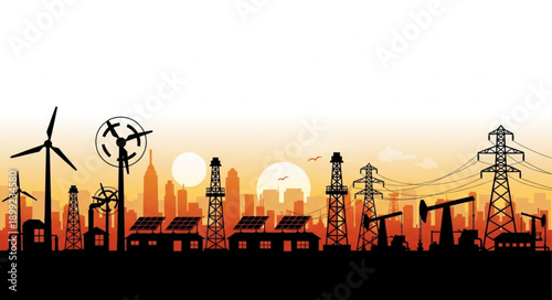 Industrial energy landscape with wind turbines and oil rigs.