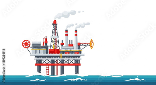 Offshore oil rig platform in the ocean with smoke.