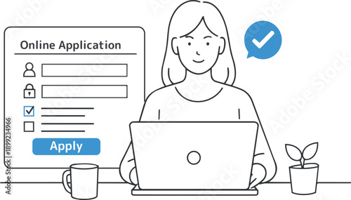 Online Application Form Submission on Laptop – Line Art Illustration