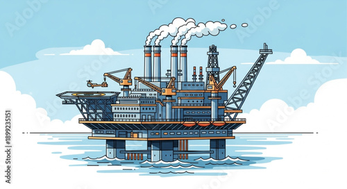 Offshore oil rig platform in the ocean with steam rising.