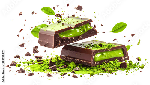 Dark chocolate bars, layered with green filling, with matcha powder and floating chocolate pieces