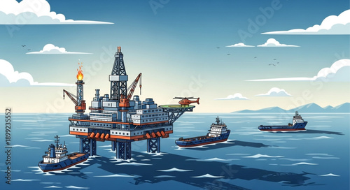 Offshore oil rig platform in the ocean with support vessels.
