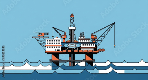 Offshore oil rig platform in the ocean with waves and blue sky.