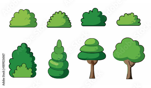 Cartoon Green Bushes and Trees Botanical Clip Art Vector Collection