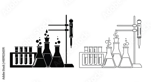 Laboratory glassware and equipment in a black and white illustration