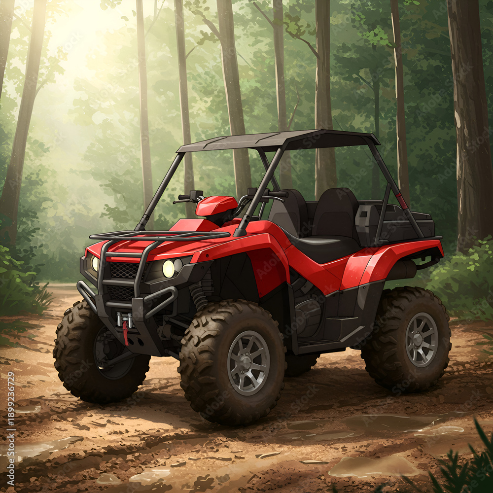 Obraz premium Red utility terrain vehicle parked on a muddy forest trail. A parked all-terrain vehicle in a wooded setting with visible tire tracks and puddles.