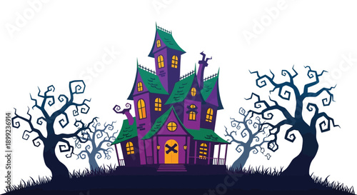 A spooky haunted house illustration with silhouetted trees and a hill
