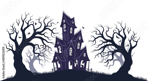 A spooky haunted house silhouette framed by bare trees and a full moon