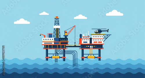 Offshore oil rig platform in the ocean with helicopter.