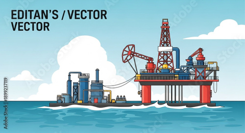 Offshore oil rig platform in the ocean with industrial buildings.