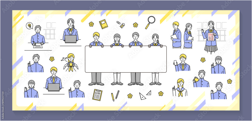 Obraz premium シンプルでかわいい制服の学生イラストセット（学校・勉強・入学素材）