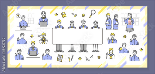 シンプルでかわいい制服の学生イラストセット（学校・勉強・入学素材）